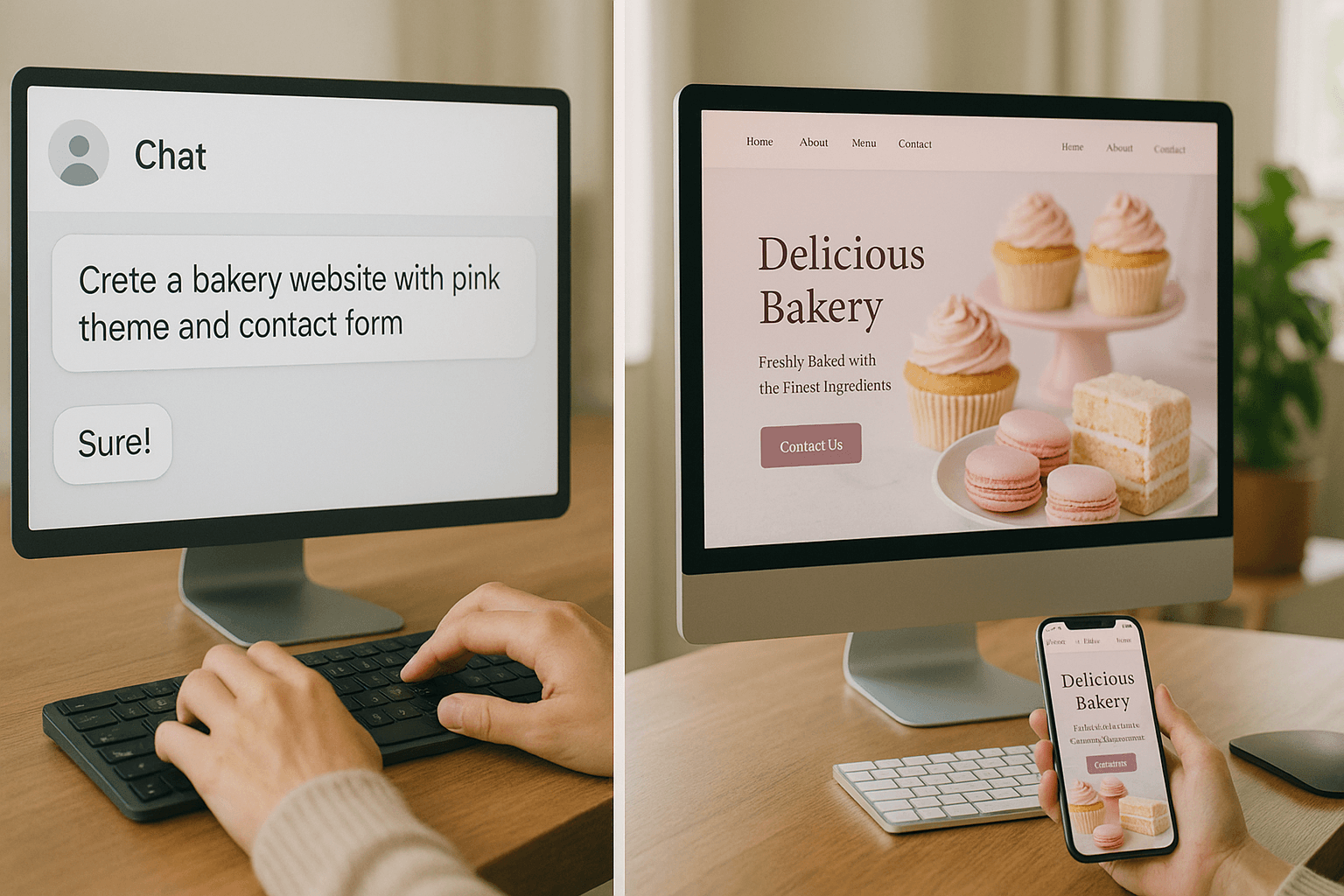 Makes the AI builder tangible. Shows the “magic” — input prompt → professional output. Appeals to non-techies. Split-screen photorealistic image: left shows user typing an AI prompt like "Create a bakery website," right shows the instantly generated responsive website on desktop and mobile — showcasing Bluehost's 2025 AI builder in action.