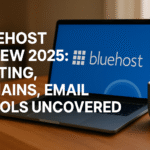 A modern laptop showing the Bluehost review, with hosting, domain, and email tools highlighted in 2025 review setting.