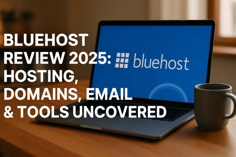A modern laptop showing the Bluehost review, with hosting, domain, and email tools highlighted in 2025 review setting.