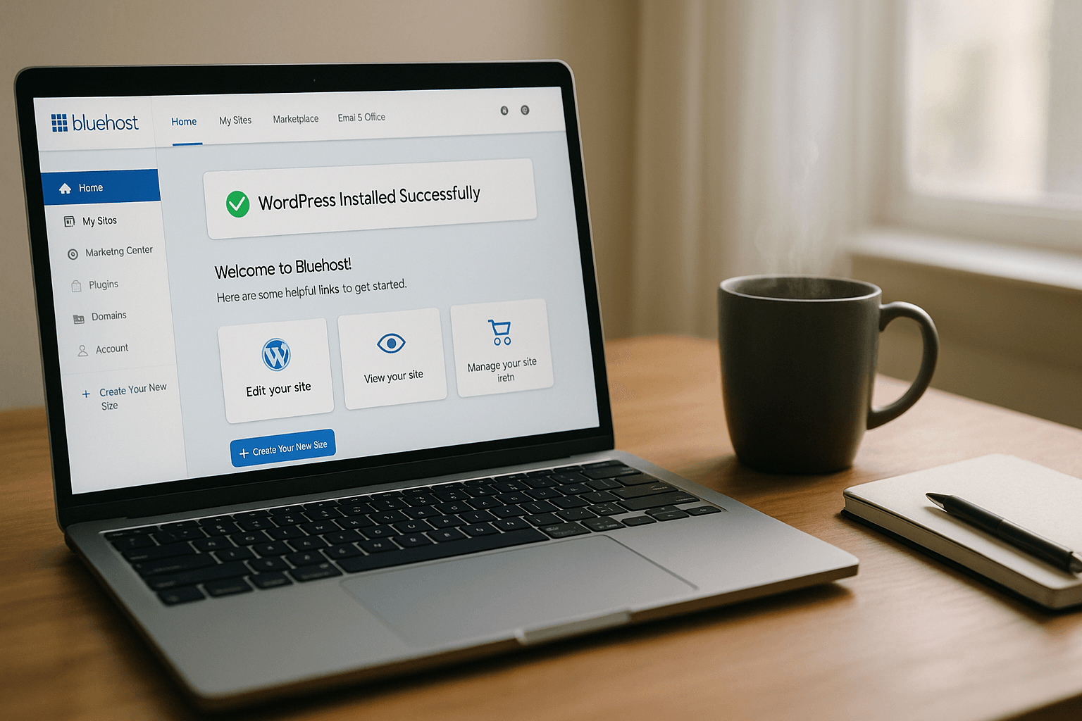This is what your setup could look like.” Visually reinforces the ease of starting with Bluehost. Laptop showing Bluehost dashboard with successful WordPress installation, coffee mug and notebook on wooden desk in morning light — ideal setup for beginners starting a website in 2025.
