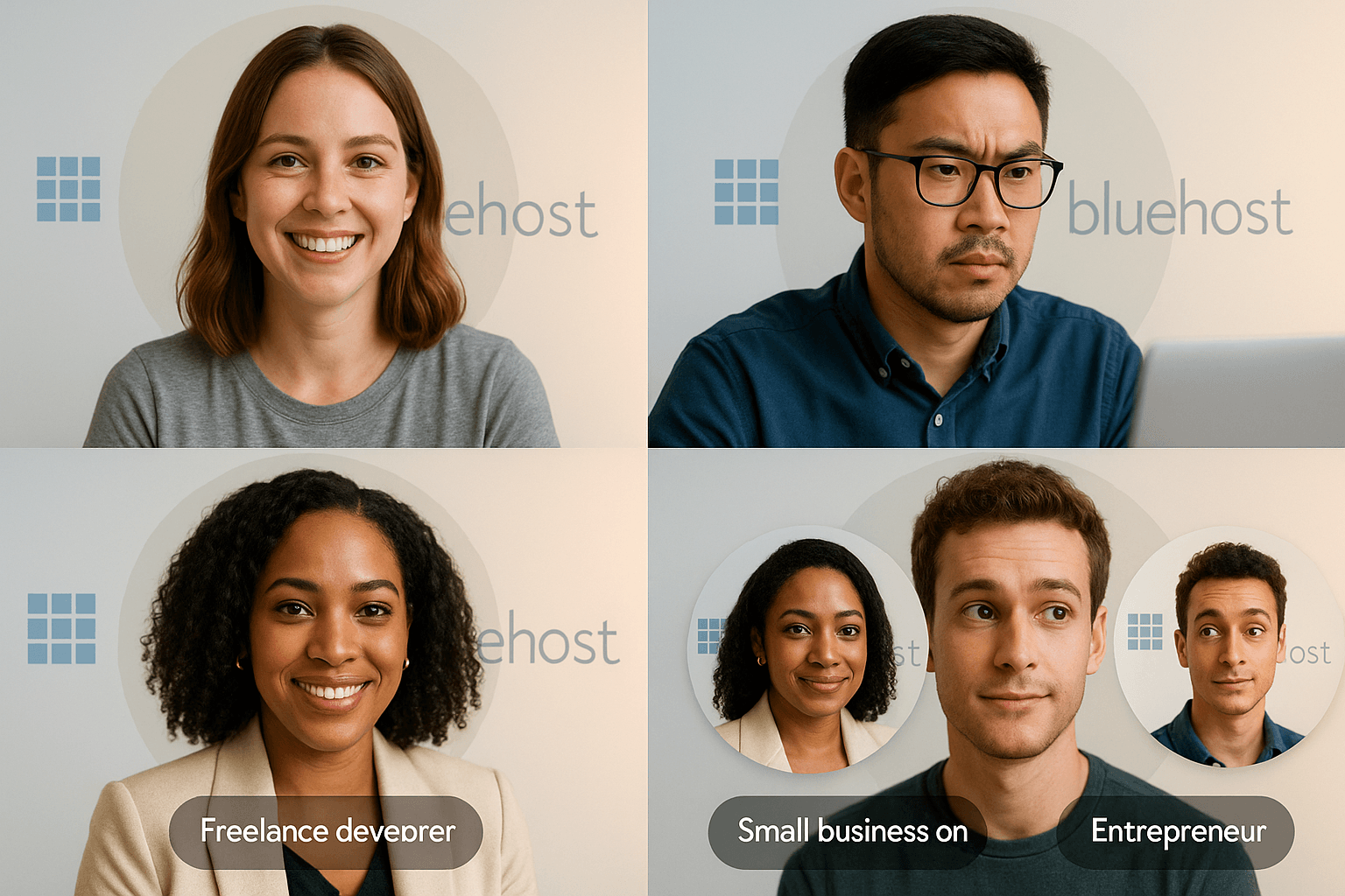 Helps readers self-identify. “Oh, that’s me!” increases personal connection and trust. Collage of four diverse users — a blogger, freelance developer, small business owner, and entrepreneur — representing ideal Bluehost customers in 2025.