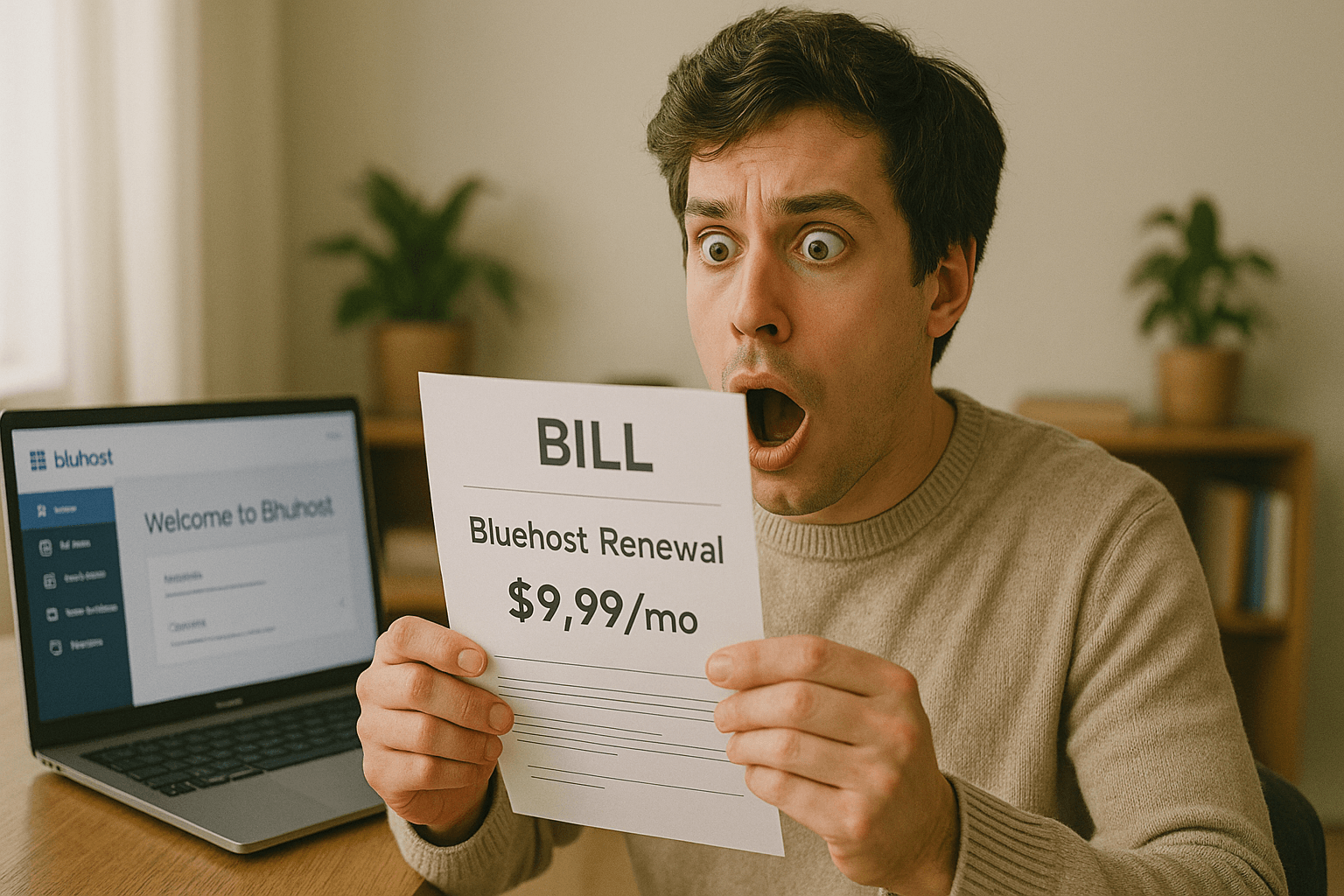 Adds humor and emotional resonance to the biggest pain point. Makes the con memorable and shareable. Person reacting with surprise to a Bluehost renewal invoice showing $9.99/month — a humorous but realistic depiction of post-intro pricing in 2025 web hosting.