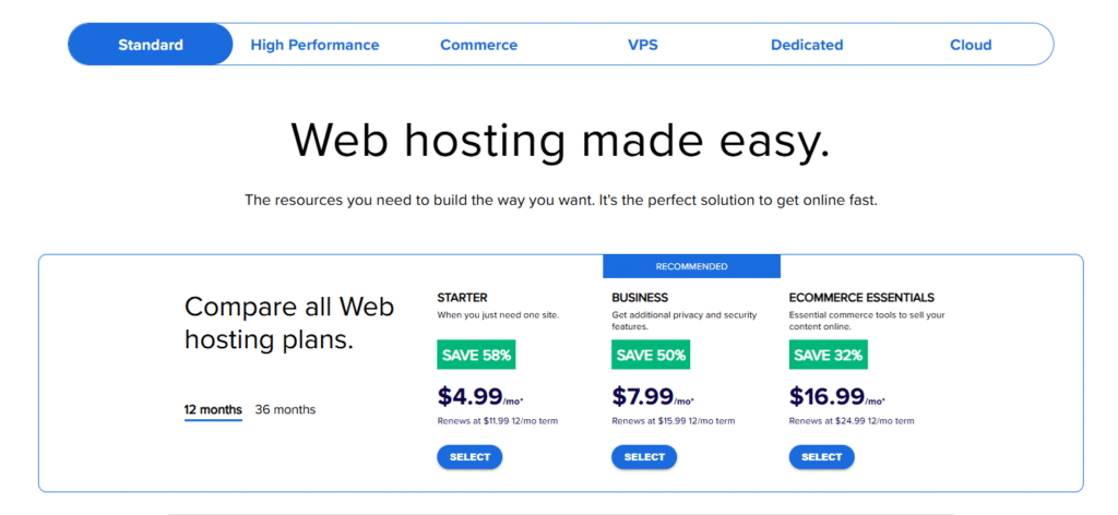 Annotated screenshot of Bluehost review 2025 pricing page highlighting $4.99/month intro price, free domain offer, and $11.99/month renewal cost with clear visual callouts.